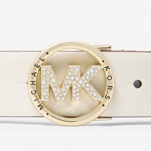 Michael Kors Leather Pave Logo Belt in Light Cream